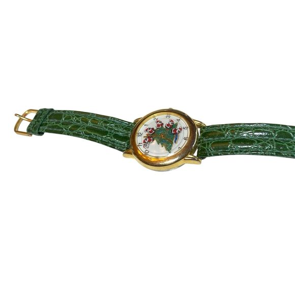 Christmas Tree Rotating Santas Watch Gold Tone Green Leather Hong Kong VTG… - Picture 6 of 6